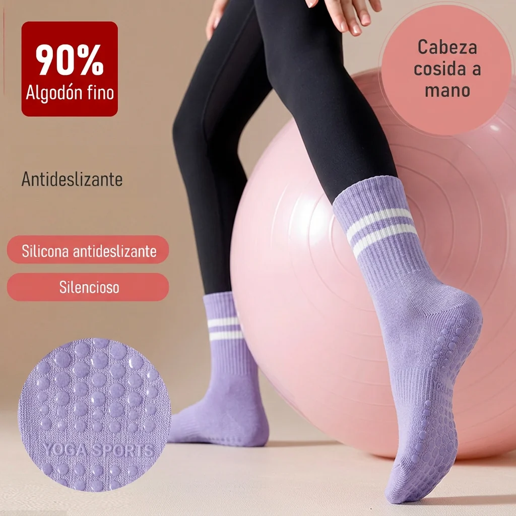 Calcetín Deportivo Yoga Antideslizante Ajustable Morado con Rayas