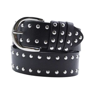 Cinturón Mujer Negro Hebilla Semi Redonda Tachas Plateadas