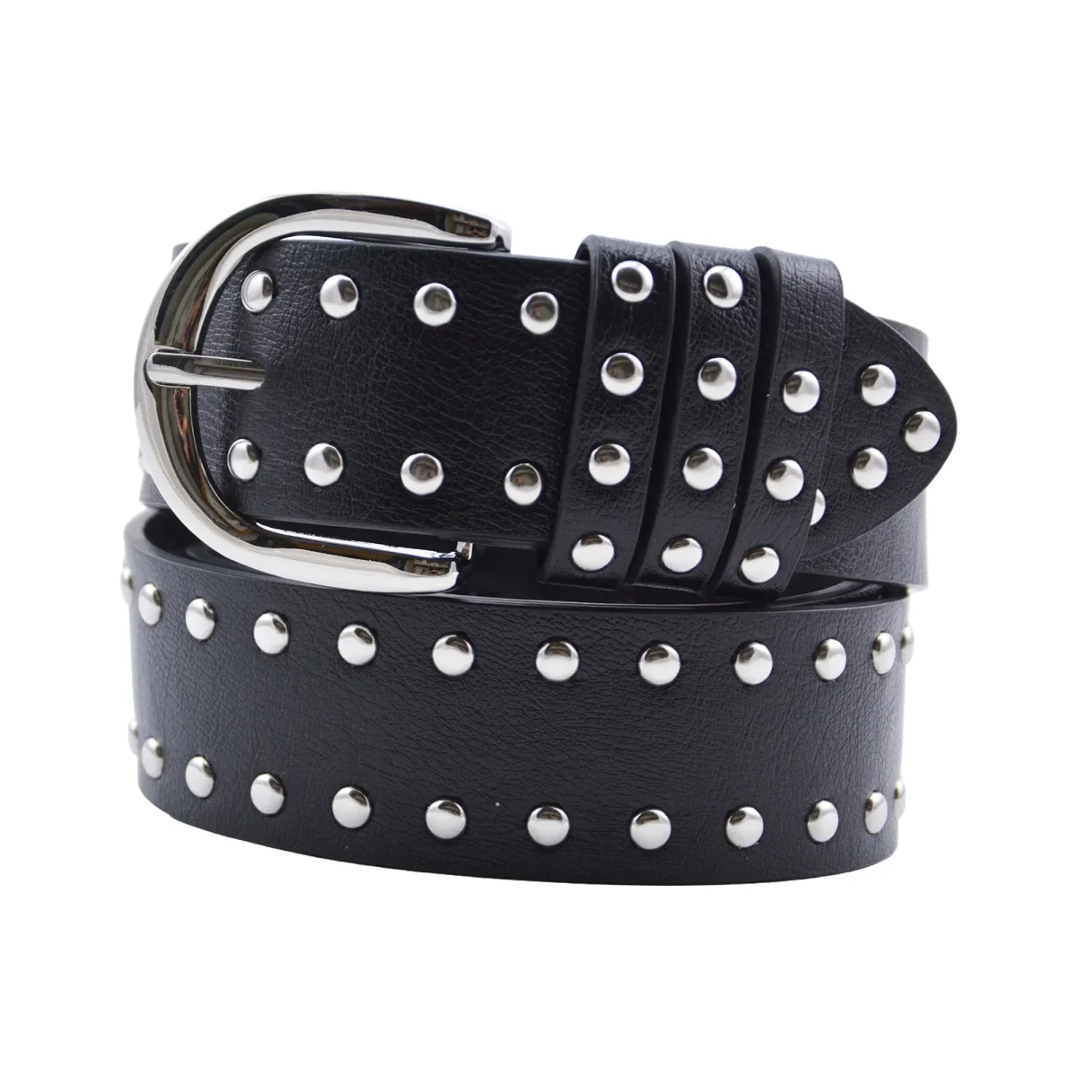 Cinturón Mujer Negro Hebilla Semi Redonda Tachas Plateadas