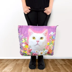 Bolso Morado Cara de Gatito Blanco Floral
