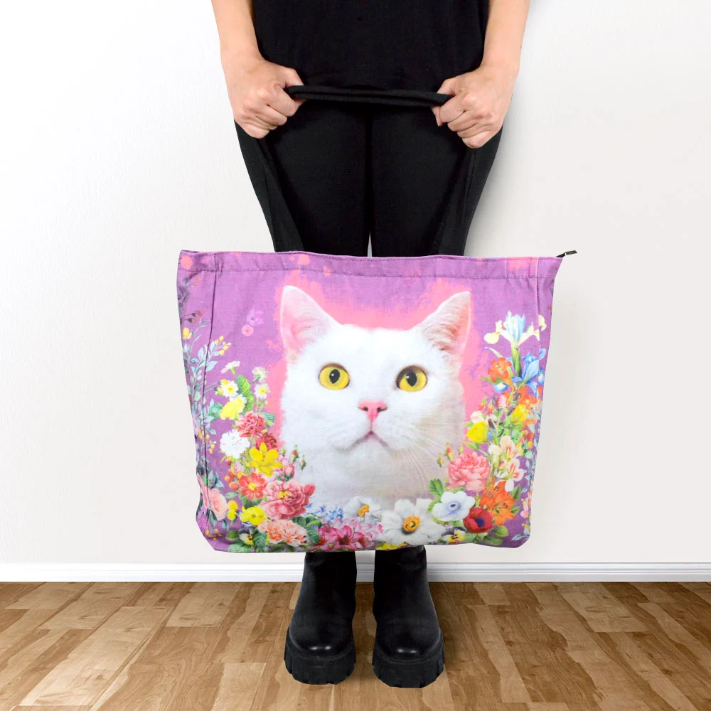 Bolso Morado Cara de Gatito Blanco Floral