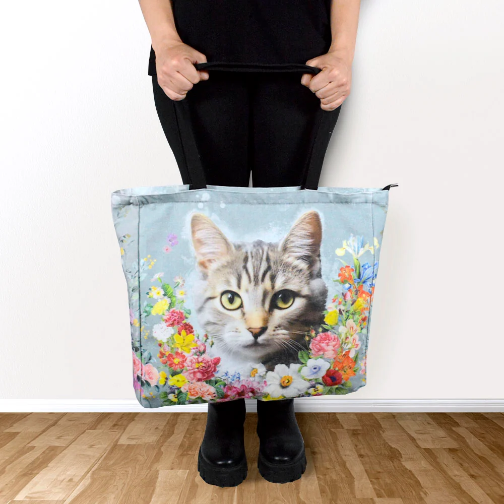 Bolso Cara de Gatito Gris Floral