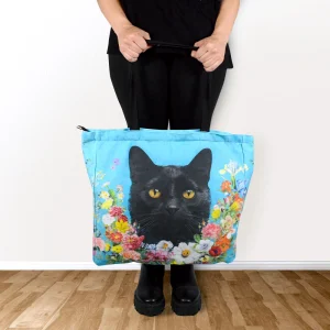 Bolso Azul Cara de Gatito Negro Floral