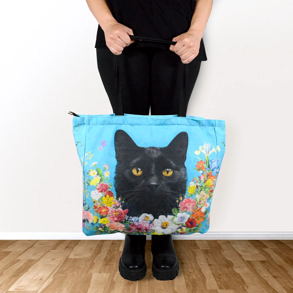 Bolso Azul Cara de Gatito Negro Floral